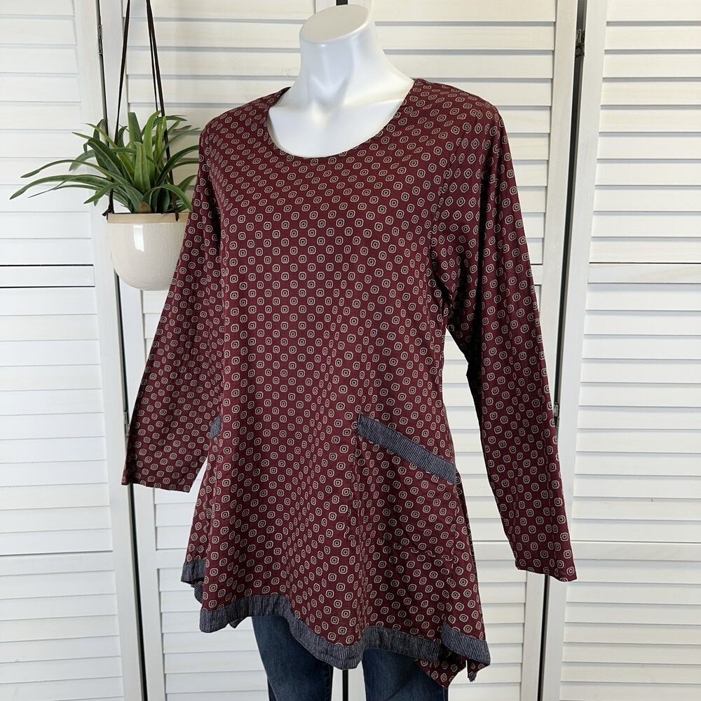 New Tulip Clothing Red Tunic Blouse Top A Line Geometric Long Sleeve Size S